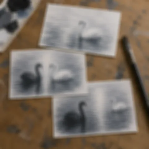 Bonus #2: printable swan sketch and reference template cards laid out on a desk