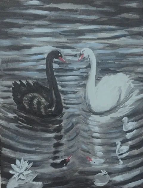 Bonus version of the painting: the black and white swans joined by three small white cygnets, with water lilies and lily pads in the foreground