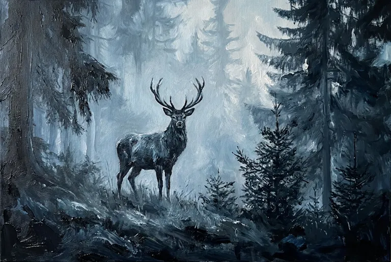 Bonus painting: a majestic stag standing in a misty pine forest, painted in cool blue, black, and white tones