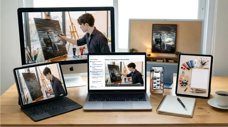 The 4-Color Swan Class shown across devices — the lessons on a desktop, laptop, tablet, and phone, beside paints and brushes on a desk