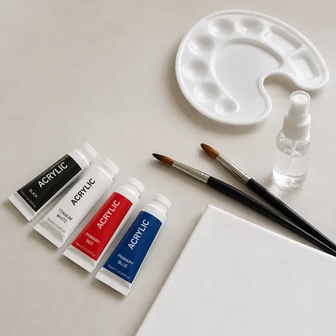 Module 1 supplies: acrylic tubes in black, white, red, and blue, two brushes, a palette, a spray bottle, and a blank canvas