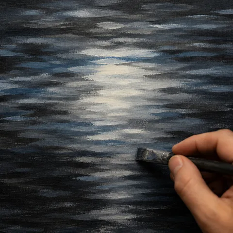 Module 3: a flat brush blocking in the glowing moonlit water on the canvas