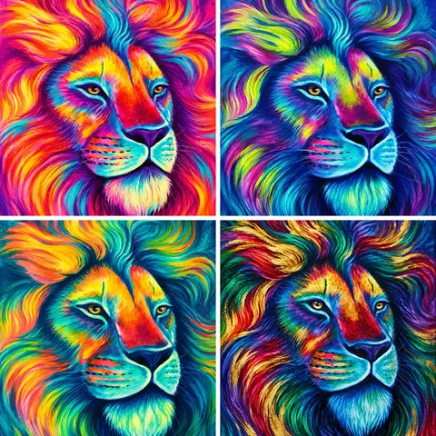 Bonus #1: four alternative color schemes for the lion shown together — hot pink and turquoise, lime and magenta, teal and orange, and rich jewel tones