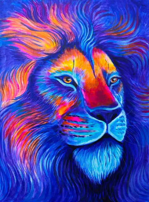 An electric neon lion portrait painting glowing with violet, blue, magenta and yellow acrylic paint against a deep indigo background