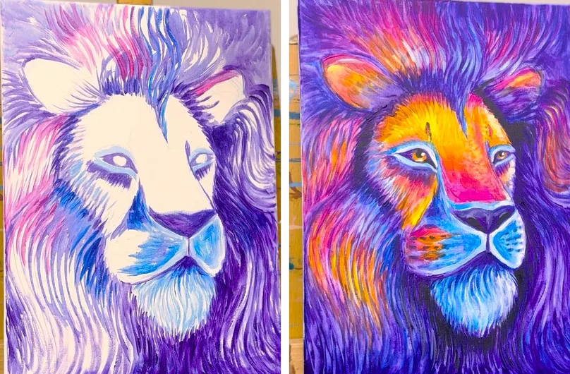 Two stages of the same neon lion painting side by side — the half-finished painting with the mane blocked in and the face still bare canvas, and the finished glowing lion portrait