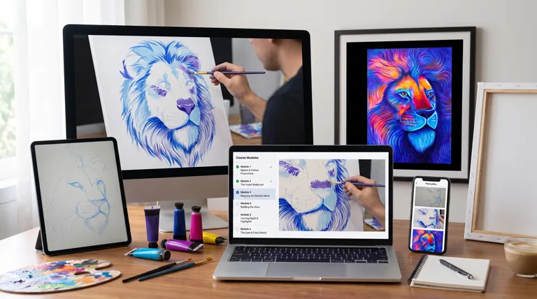 The Glowing Neon Lion Class shown across devices — a sketch stage on the tablet, the mane-mapping stage mid-progress on the desktop and laptop video lesson, and the finished glowing painting framed on the wall, beside real paint tubes and brushes