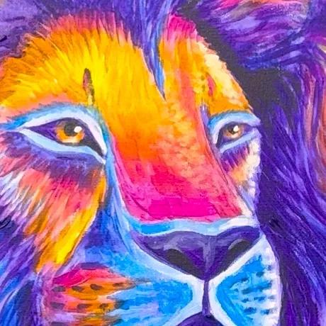 Module 5: a close-up of the finished lion's amber eyes, with the white rim light along one side of the face