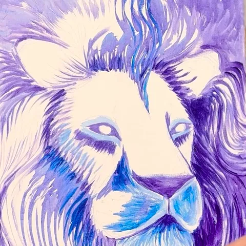 Module 3: the mane blocked in with diluted violet and blue while the lion's face is deliberately left as bare white canvas