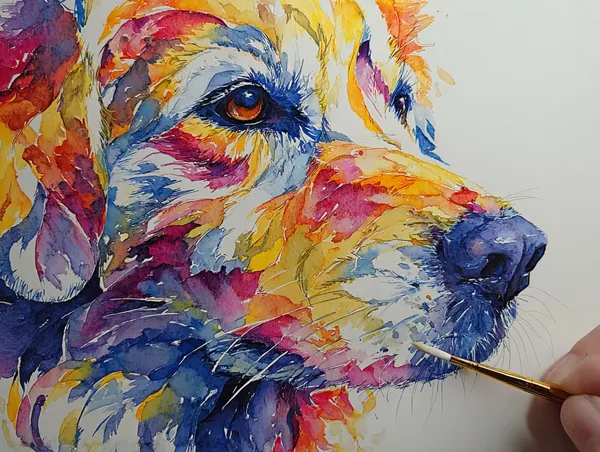 Free Gift #2: close-up of a detailed rainbow watercolor dog portrait being finished with a fine brush
