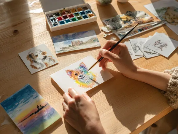 Free Gift #3: a sunlit desk with a watercolor palette, sketches and a small rainbow dog painting in progress