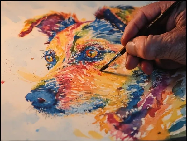 Free Gift #1: a hand adding rescue brushstrokes to a colourful watercolor dog portrait