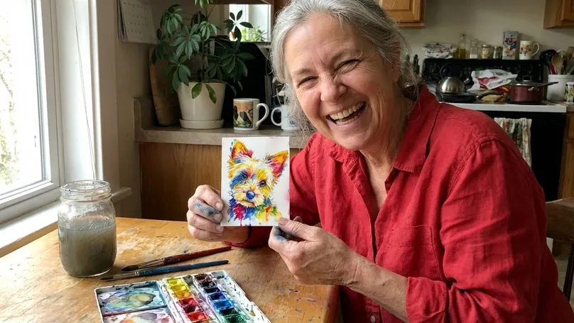 A delighted student in her kitchen holding up the rainbow watercolor terrier portrait she just finished