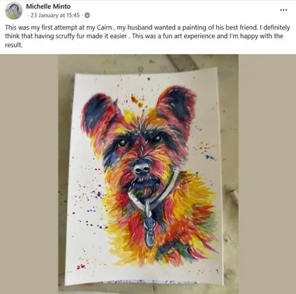 Student rainbow watercolor dog portrait