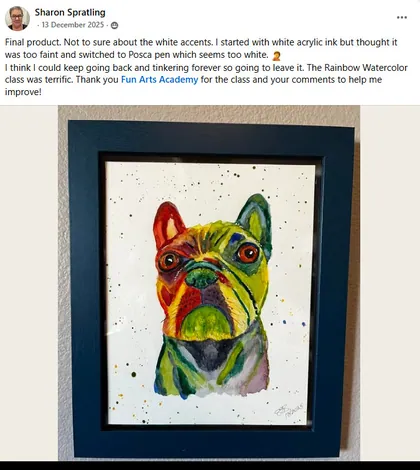 Student rainbow watercolor dog portrait