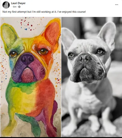 Student rainbow watercolor dog portrait