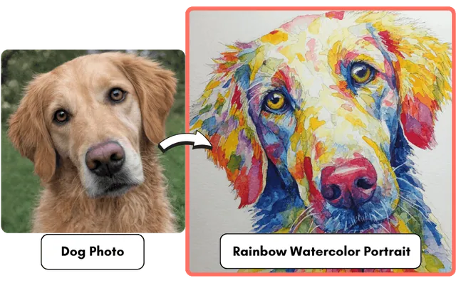 A photo of a golden retriever beside the same dog painted as a vivid rainbow watercolor portrait