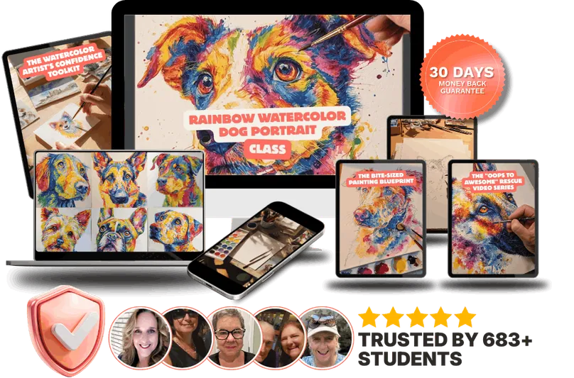 The Rainbow Watercolor Dog Portrait Class shown across desktop, laptop, tablet and phone, with bonus covers, a 30-day money-back seal and a Trusted By 683+ Students badge