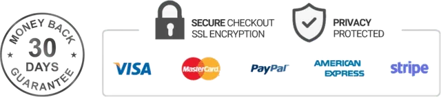 30-day money-back guarantee, secure SSL checkout and privacy protected, with Visa, Mastercard, PayPal, American Express and Stripe accepted
