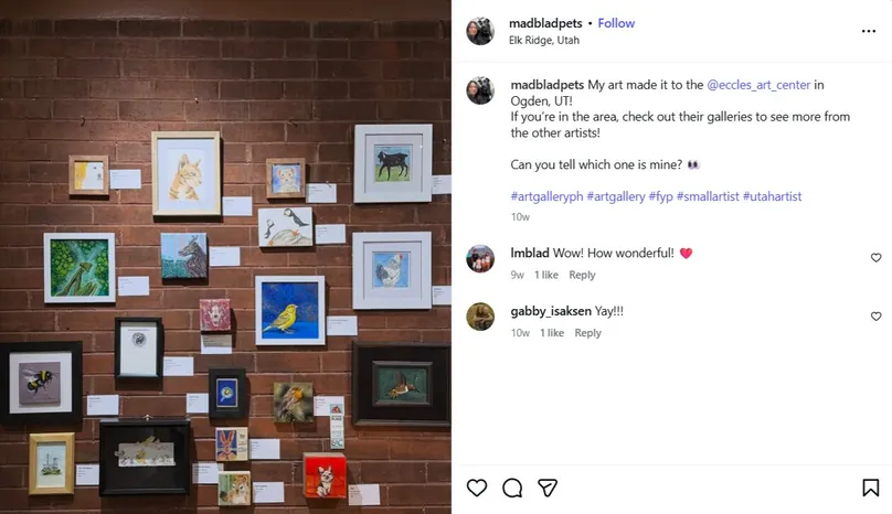 Instagram post showing Madelle's artwork hanging on a brick gallery wall at the Eccles Art Center in Ogden, Utah