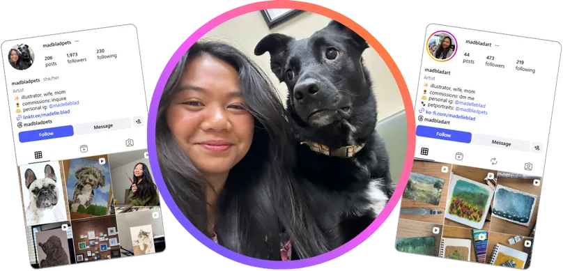 Madelle Blad smiling with her black dog, framed by screenshots of her madbladpets and madbladart Instagram profiles full of pet portraits