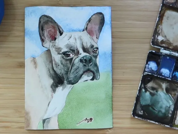 A finished French bulldog portrait with a simple blue sky and green grass watercolor background