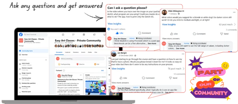 The Easy Art Classes private Facebook community shown on a laptop, surrounded by member questions answered by the team