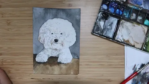 A watercolor portrait of a curly-coated Bichon Frise