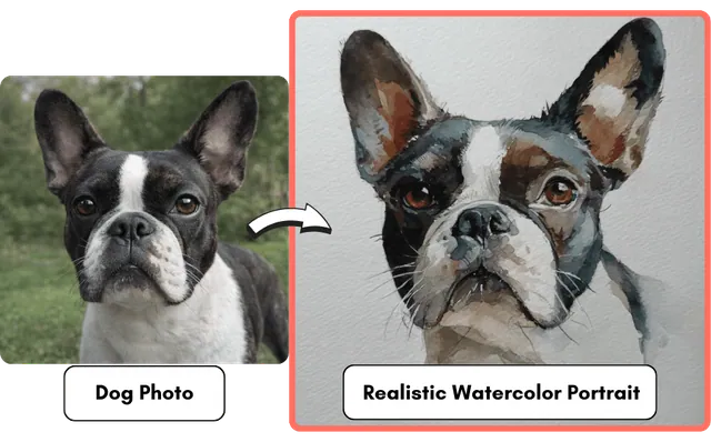 A photo of a French bulldog beside the same dog painted as a realistic watercolor portrait