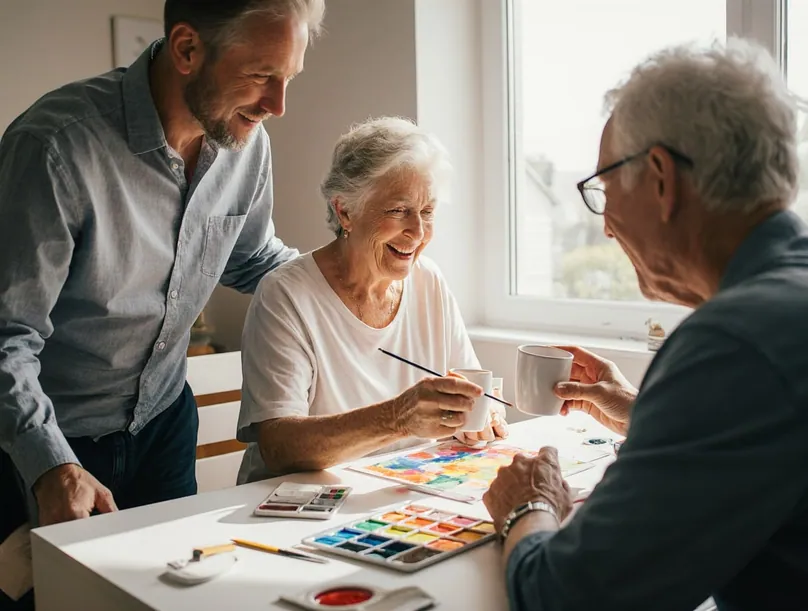 An older woman laughing with her family over coffee beside a bright watercolor painting she made