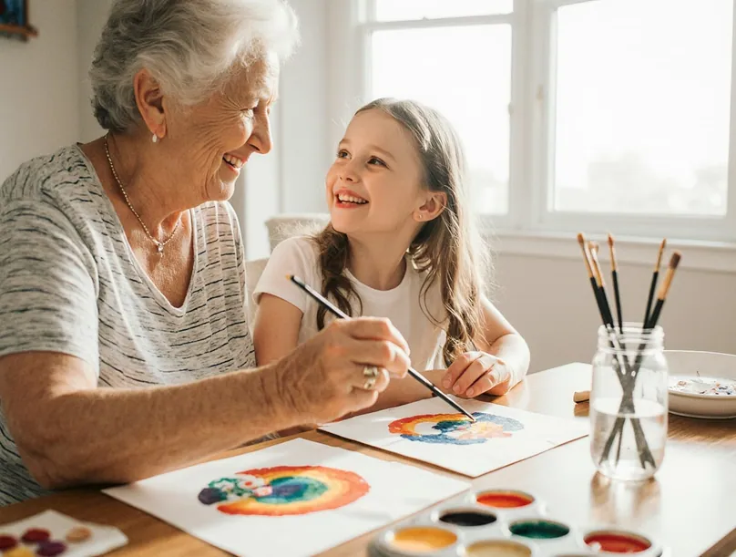 A grandmother and her granddaughter painting rainbows together at a sunlit kitchen table