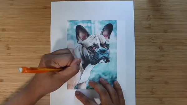 Overhead view of hands tracing a printed photo of a French bulldog onto watercolor paper