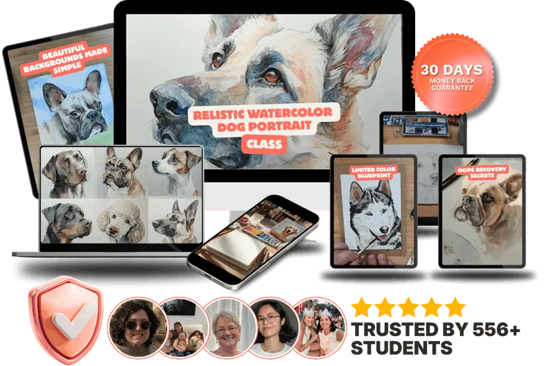 The Realistic Watercolor Dog Portrait Class shown across desktop, laptop, tablet and phone, with bonus covers, a 30-day money-back seal and a Trusted By 556+ Students badge