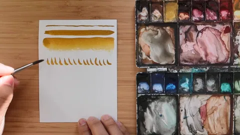 Practising the five core watercolor brush techniques on paper