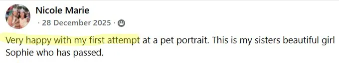 Facebook comment from a student sharing her finished watercolor dog portrait