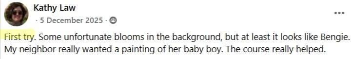 Facebook comment from a student describing how much she enjoyed the class